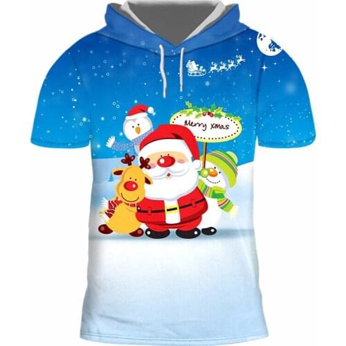 IFPD EU Size Mens Christmas Hooded T-Shirts 3D Printed Lovely Santa Claus And Elk Clothing Man Casual Cartoon Xmas Party Tshirt