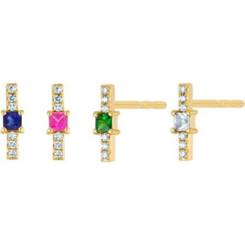 Geometric Gold Plated 925 Sterling Silver Women Girl Multi Piercing Jewelry Colorful CZ Bar Stud Earring