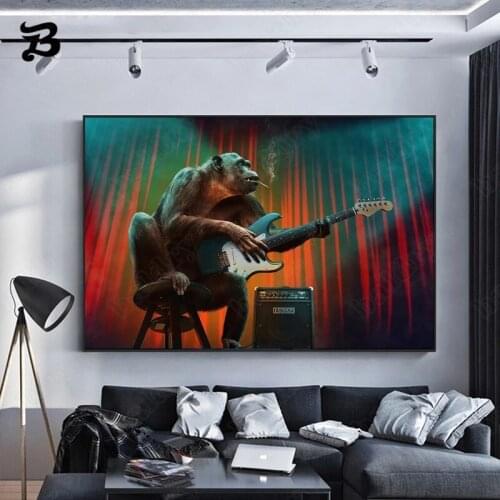 Canvas Painting for Living Room Playing Guitar Music Monkey Wall Art Posters and Prints Animal Wall Modern Picture Home Decor