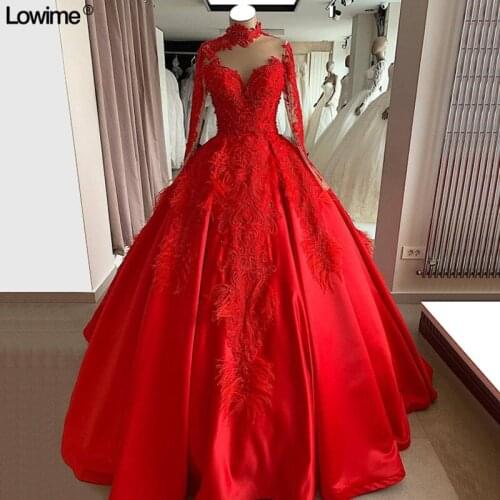 Red Ball Gown High Neck Quinceanera Dresses 2019 Long Sleeves Beading Feather vestidos de 15 anos vestidos Long