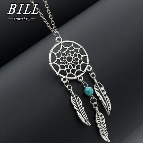 N720 Dream Catcher Pendant Necklace Feather Turquiose Bead Women Fashion Jewelry Chain Necklaces Bijoux Collares 2018