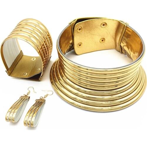 Liffly African Jewelry Set Women Adjustable Choker Bangle Vintage Leather Necklaces Bracelets Earrings Statement Jewelry Sets