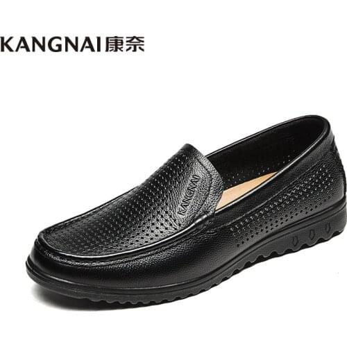 KANGNAI Mens Loafers Moccasins Cow Leather Shoes Driving Shoes Hollow Out Breathable Male Business Casual Slip On