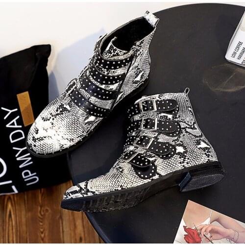NEW women ankle boots winter warm plush autumn zip round toe fashion shoes Casual Handmade riding female Snakeskin grain boots