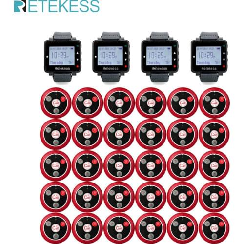Retekess Restaurant Pager Hookah Wireless Waiter Call System 4Pcs T128 Watch Receiver+30Pcs T117 Call Button Cafe Clinic