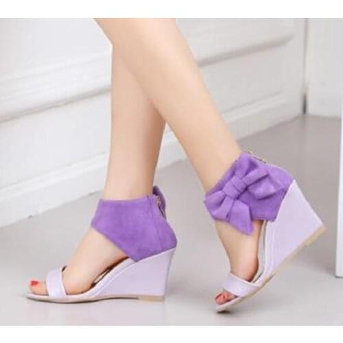 Summer Cover Heel Sandals Espadrilles Female Sandals Shoes Women Peep Toe High Wedges Heels Ankle Bowknot Sandals Purple Pink