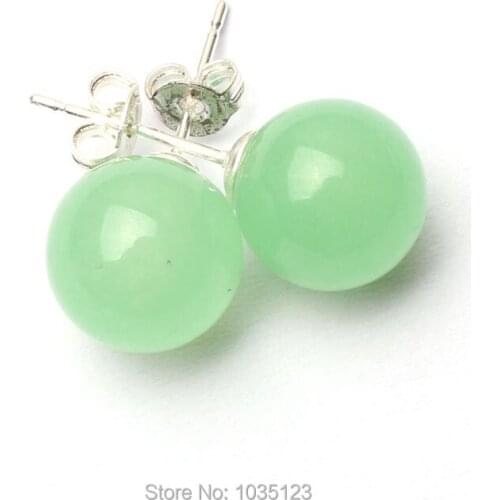 High Quality 10mm Pretty Smooth Round Shape Light Green Color Stone Vogue Sterling Earrings 1 pair w2823