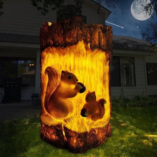 Resin Squirrel Stump Solar LED Light Statue Waterptoof Figures Outdoors for Pathway Yard Garden Wildlife Lamp Landscaping