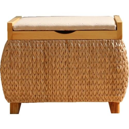 Handmade Straw Storage Stool Shoe Replacement Stools Bedroom Dressing Chair Lazy Footstool High-capacity Home Storage Box