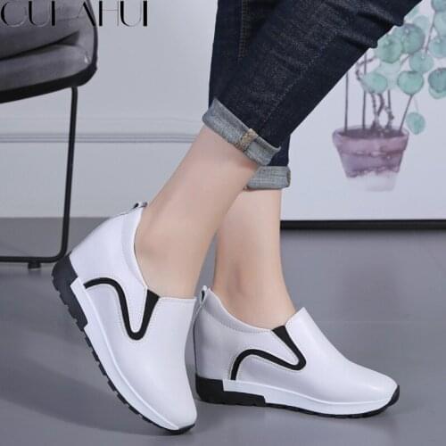 OUKAHUI Autumn Spring Genuine Leather Height Increasing Shoes For Women Flat Platform Slip On White Loafers Women Shoes Leisure