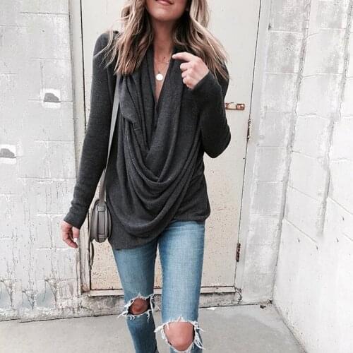 Spring Autumn Irregular Cross T shirt Women Casual Long Sleeve Tops Fashion Tee Shirts For Female Pile Heap Collar Tees Shirt