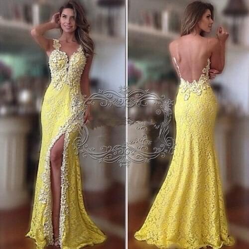 Novel Champagne yellow gold Gown Dress Blue Homecoming Dress high slip Half V-neck Floor-length beach Regular lace Backless