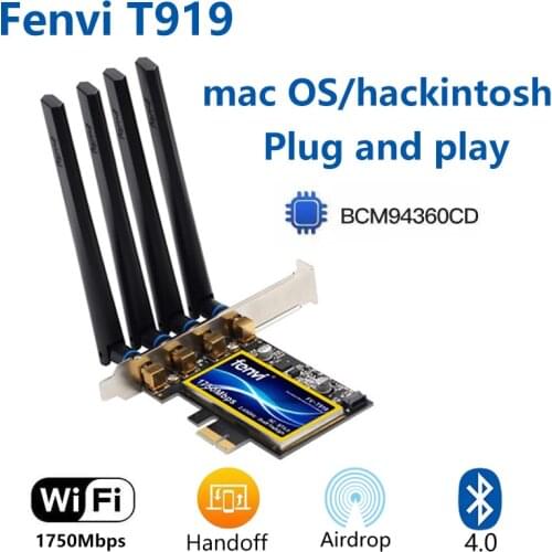 1750Mbps Fenvi T919 2.4G/5GHz Dual Band Desktop PC Bluetooth 4.0 802.11ac PCIe WiFi Card Adapter BCM94360CD For MacOS Hackintosh