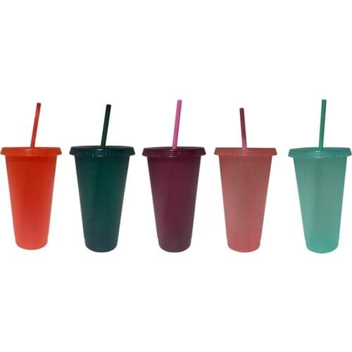 700ml Straw Cup Sequined Glitter Cups Colorful Coffee Juice Straw Mug Simple Cute Net Red Plastic Bottom Outdoor Portable Cup