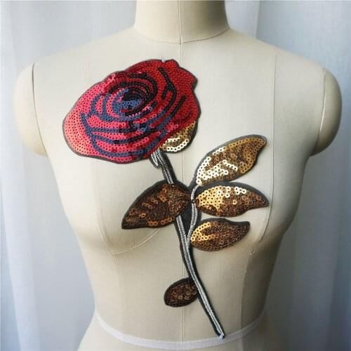 Sequin Red Rose Gold Leaf Sew Iron On Patches Embroidered Badges Mesh For Dress Bag Jeans DIY Appliques Craft Decoration