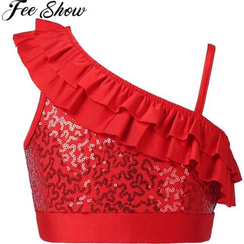 Kids Girls Ballet Dancing Top Asymmetrical Shoulder Strap Sleeveless Sequin Ruffle Elastic Dance Top Modern Performance Crop Top