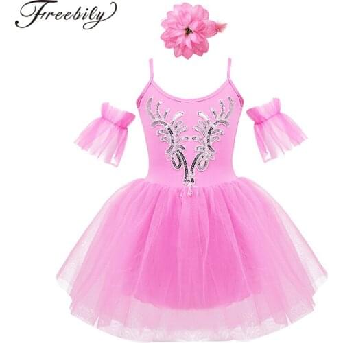 Kids Sequins Applique Professional Ballet Tutu Dress Spaghetti Straps Mesh Ballet Dance Girls Gymnastics Leotard Dance Dress