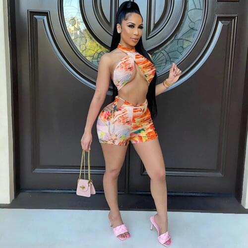 Splash Ink Print Corss Halter Crop Top and Skinny Biker Short for Women Beachwear Ladies Top Quality Fitness Slim Two Pieces Set