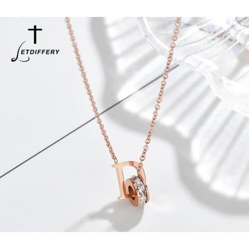 Letdiffery Stainless Steel Crystal Circle Pendant Necklace Rose Gold Letter Women Choker Jewelry Wedding Jewelry