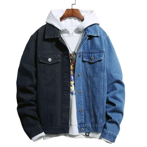 Mens Blue Black Spliced Denim Jacket Trendy Loose Jean Coat Top Outerwear