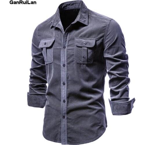 100% Cotton Mens Shirt Business Casual Fashion Solid Color Corduroy Male Shirts Autumn Slim Shirt Men Clothing B01121