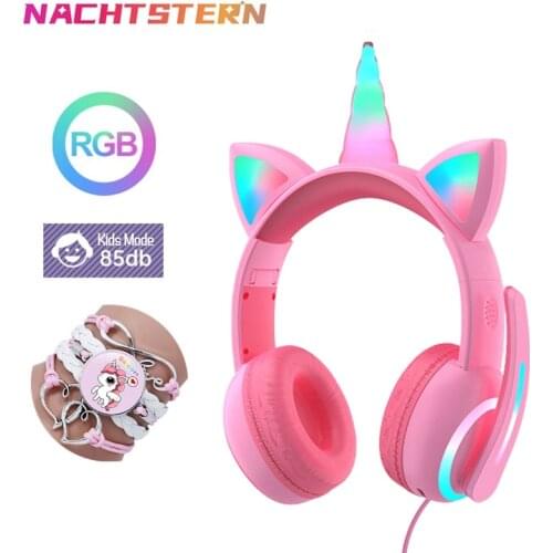 Unicorn Kid Headphones LED light Wired Headphones with Noise Reduction Microphone Adjustable Headband Casco Kids Birthday Gift