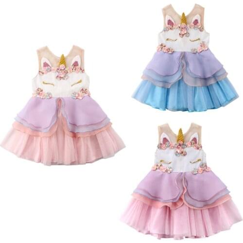 2018 Newly Princess Lovely Toddler Baby Girls Dress Unicorn Print Sleeveless Ruffles Floral Lace Knee-Length Tutu Dress 0-6Y