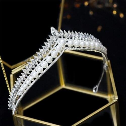 New Pearl Rhinestone Queen Crowns Sweet 16 Diadem Bride Princess Tiara Wedding Birthday Party Headpieces For Women Headwear 2021