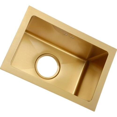 Single Bowl Brush Kitchen Sink Gold Drain Undermount Above Counter Manual Sink Single Bar 304 Stainless Steel Gold Kitchen Sink