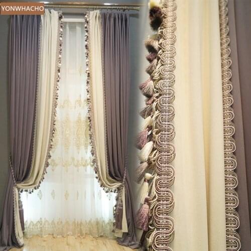 Custom curtains ash purple modern luxury European thick velvet embroidery cloth blackout curtain tulle panel C074