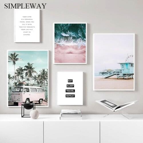 Pink Coastal Beach Bus Canvas Art Poster Nordic Decoration Seascape Print Motivational Quotes Wall Pictures Painting Home Decor