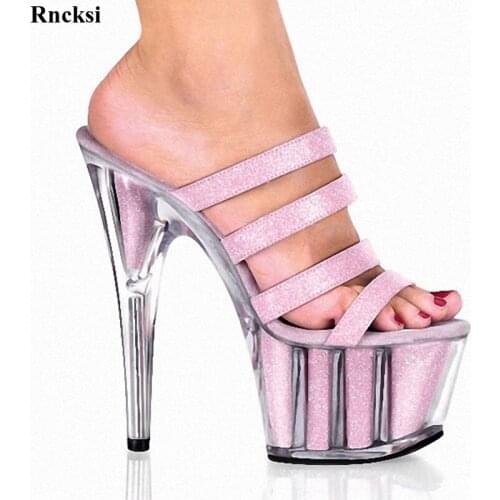 Rncksi New Sweet Pink Glitter Slides Women Slippers Super High Heel 15Cm Open Toe Platform Ladies Shoes Exotic Dancer Shoes