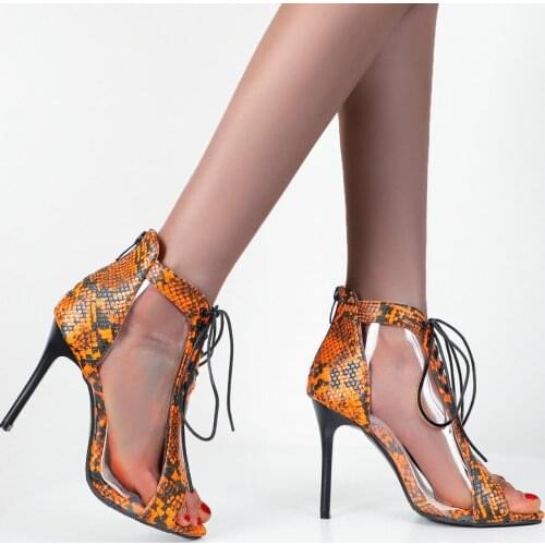 Women Snake Print Thin High Heel Sandals Fashion Zipper Cross Tied Transparent Sandals Summer Peep Toe Dress Womens Shoes