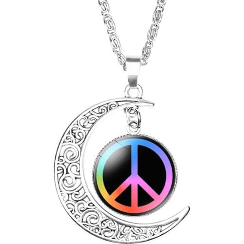 World Peace Sign Moon Shape Necklace Glass Cabochon Fashion Pendant Jewelry Collections