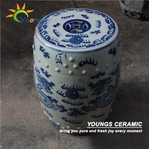 Antique Chinese HAND PAINTED Dragon Blue and White Porcelain Garden Furniture Stool