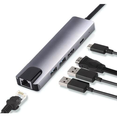 Type-C to HDMI-compatible PD RJ45 USB3.0 Hub 5-in-1 Aluminum Alloy USB-C Splitter Adapter Plug and Play