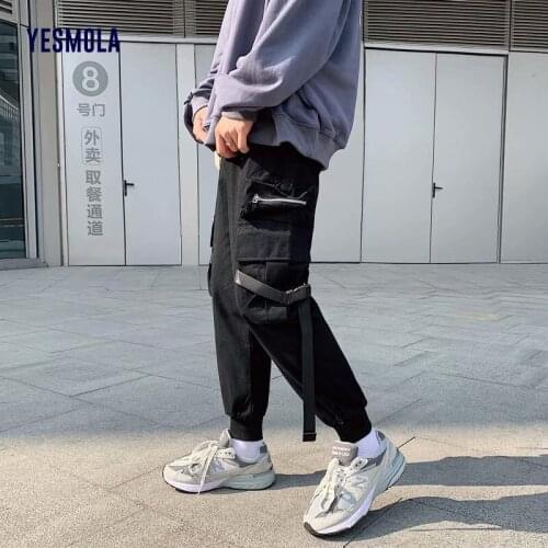 YESMOLA 2021 Autumn Hip Hop Casual Ribbons Design Male Joggers Trousers Fashion Streetwear Pant Black Harajuku Male Pants