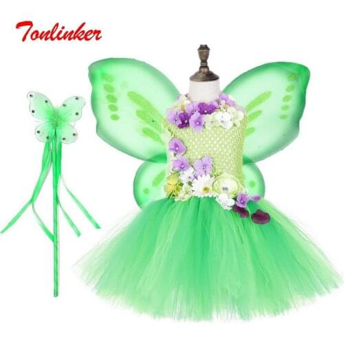 Green Kids Girls Fairy Tutu Dress With Wings Wand Cosplay Girls Flowers Costume Girls Cosplay Fancy Party Dress Vestido 2-10Yr