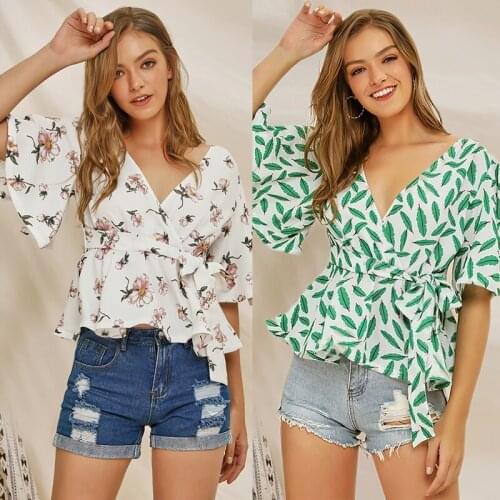 Front Tie Blouse Women Casual Boho V Neck Summer Print Short Flare Sleeve Ruffles Hem Blouse