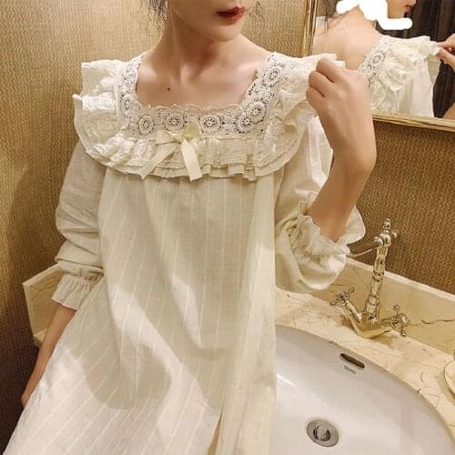 Spring Autumn Vintage Cotton Womens Long Nightgowns Princess Lace Embroidery Sleepwear Elegant Female Night Dress