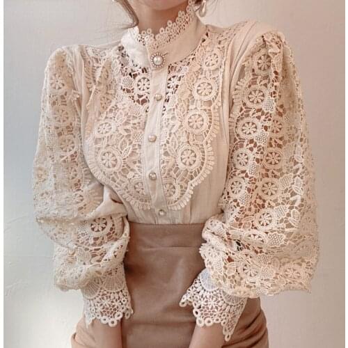Sexy Hollow Out Lace Women Blouse Shirt 2021 Fashion Stand Collar Flower Solid Patchwork Blouse Elegant Casual Long-sleeved Tops