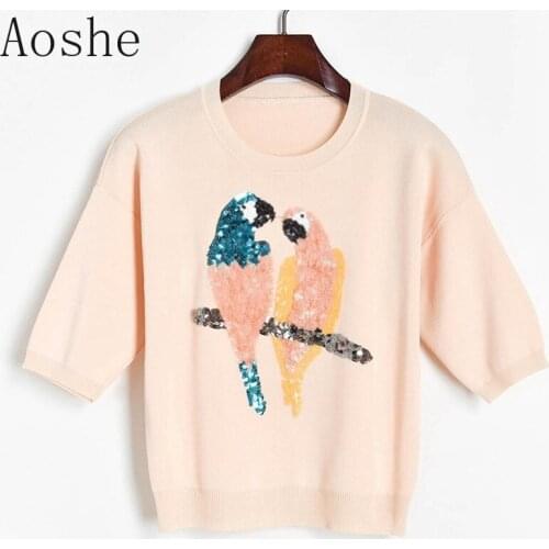 2020 Female Fashion T-shirt Women Sequins Parrot Round Neck Short Sleeve tshirt Female Knitted Shirts Black Sweet Tops For Women
