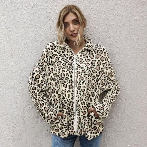 2020 Fall Spring Women Fashionable Jacket Woman Leopard Print Long Sleeve Lapel Collar Zipper Coat Plush Jacket Casual Top