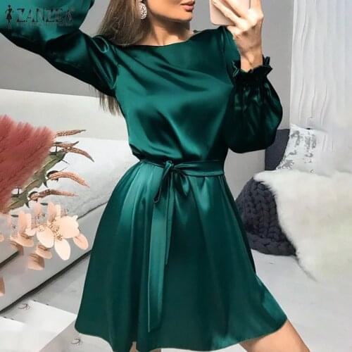 Women Satin Dresses ZANZEA 2021 Summer Bandage Mini Vestidos Casual Solid Puff Sleeve Sundress Female O-neck Robe Oversize 5XL