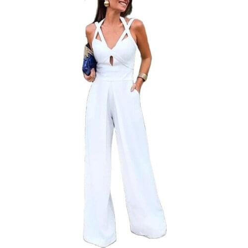 2021 Women Elegant Fashion Summer Women Black White Jumpsuit Cutout Crisscross Bandage Wide Leg Jumpsuits