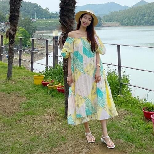New arrival fashion korean beach dress women elegant summer temperament simple print cute long loose beach a-line dress