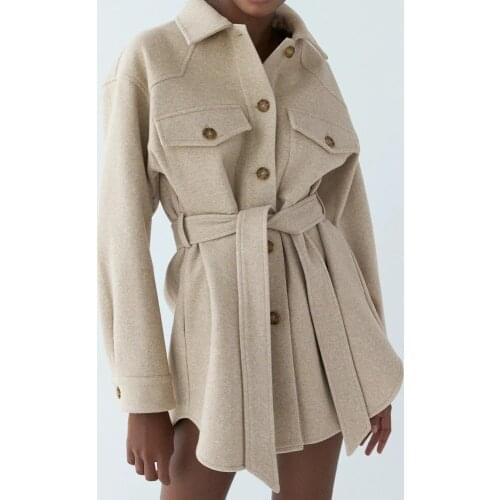 Women Coat 2021 Fashion With Belt Loose Woolen Jacket Coat Vintage Long Sleeve Side Pockets Female Shirt Outerwear Chic Overcoat