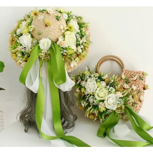 2021 Fashion luxury Straw Bag for Women Sunmer Beach Bag Green Ribbon Handmade Flower Handbag with Raffia Hat 2021 Totes