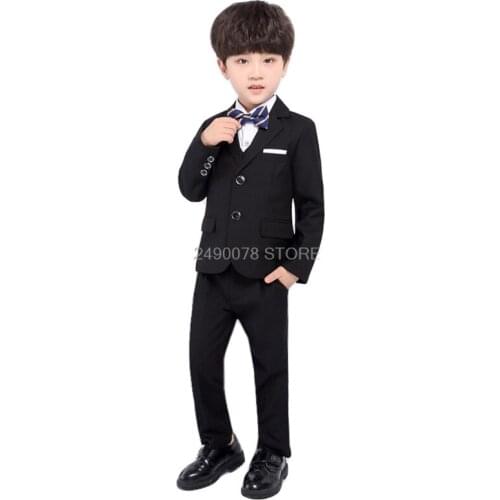 Kids Birthday Party Jacket Vest Pants Tie 4Pcs Tuxedo Flower Boys Formal Wedding Suit Gentleman Party Host Blazer Costume