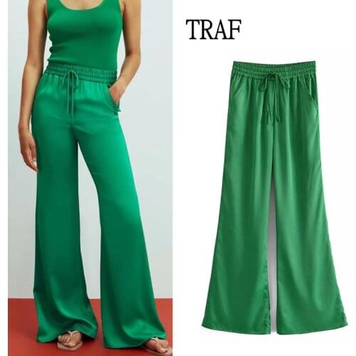 TRAF Za Woman Pants Summer 2021 Green Women Clothing Trousers Elastic High Waist Wide Leg Pant Loose Pocket Casual Women Pants